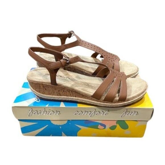 Easy Street “Dorinda” Faux Leather Wedge Sandals in Tan – Size 10 N – New in Box - Picture 1 of 8